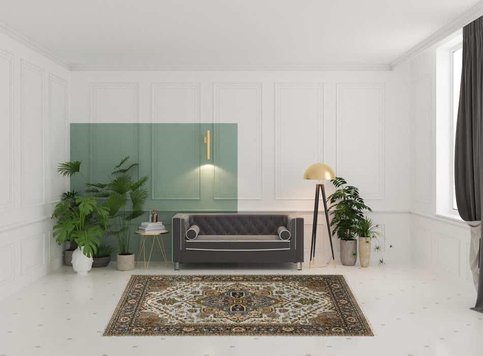 6' x 9' Oriental Power Loom Stain Resistant Area Rug With Fringe - Ivory Beige Blue Orange Gold Green Gray And Rust