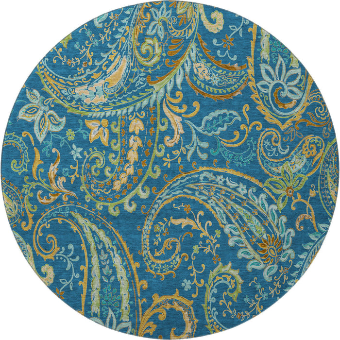 8' Paisley Distressed Washable Round Rug With UV Protection (647983) - Navy Blue / Green / Gold