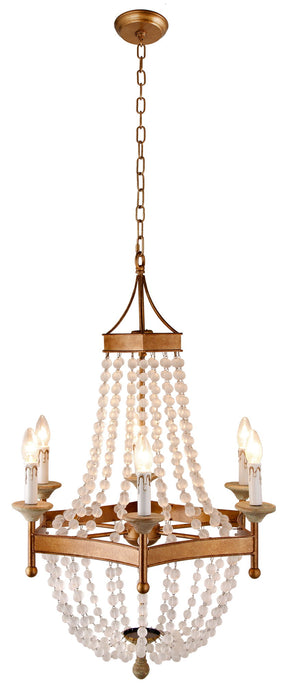 Candle Style Six Light Metal Frosted Glass Chandelier - Gold / White