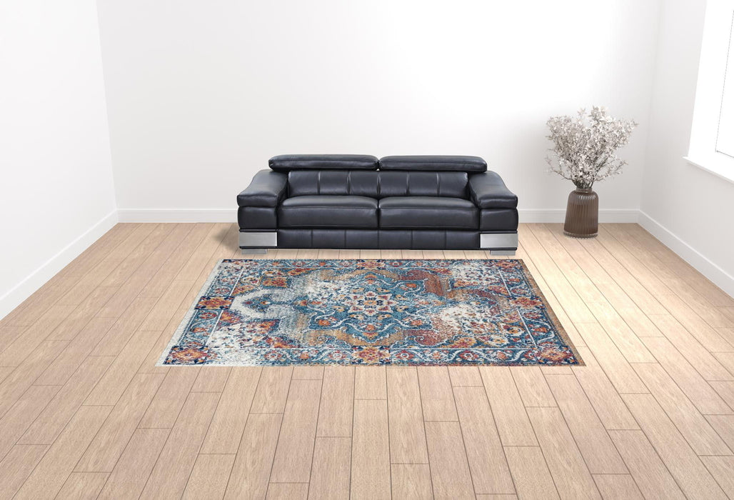9' x 12' Medallion Power Loom Area Rug - Blue Red And Orange