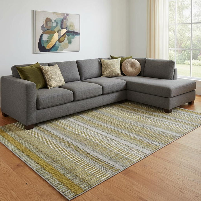 10' X 14' Striped Washable Area Rug With UV Protection (650470) - Coffee / Ivory / Gray