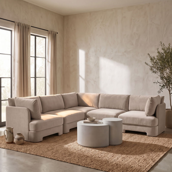 Meridian Furniture Hammond velvet performance fabric 5-piece corner sectional sofa with plush upholstery and modern design.