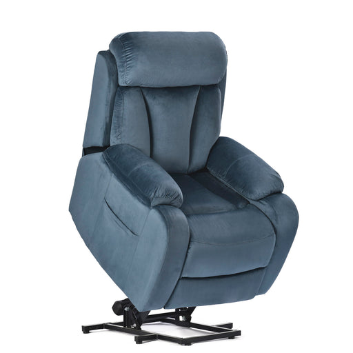 Giga navy blue power lift chair recliner with remote control, fabric upholstery, and electric reclining feature for living room comfort.