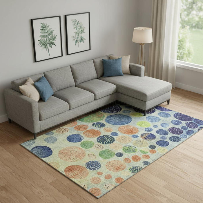 10' X 14' Geometric Washable Area Rug With UV Protection (707449) - Navy Blue / Green / Peach