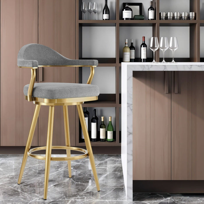 30" Fabric And Stainless Steel Low Back Height Swivel Bar Chair - Gray And Gold