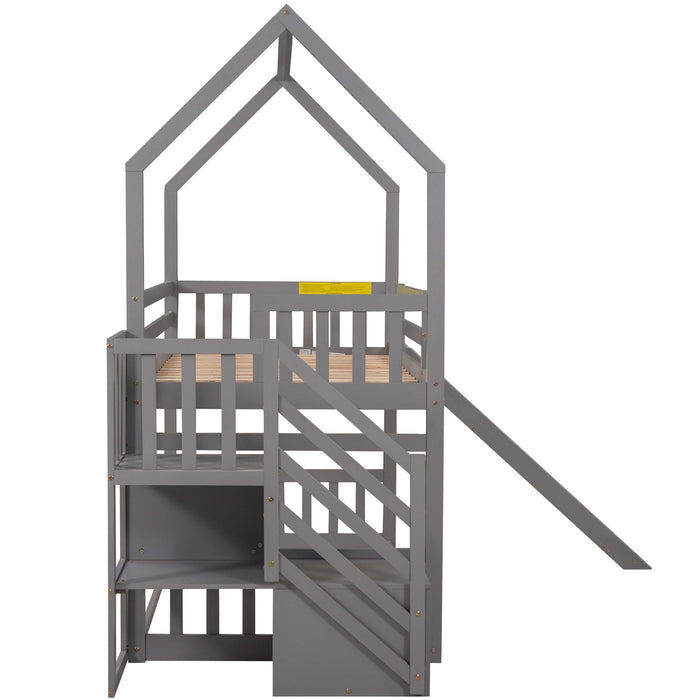 Giga twin over twin house bunk bed with convertible slide and storage staircase, featuring a cozy, space-saving design for kids' bedrooms.