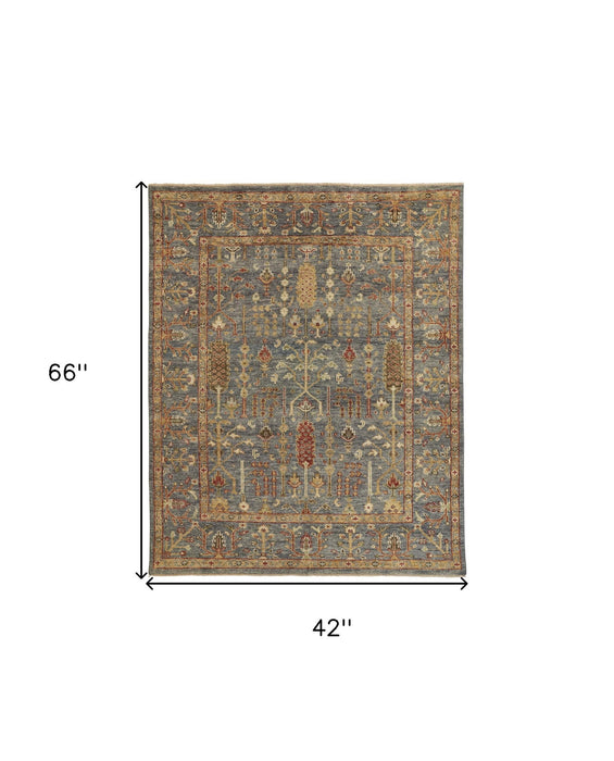 3.5' x 5.5' Wool Floral Hand Knotted Stain Resistant Area Rug With Fringe - Gray Gold And Red