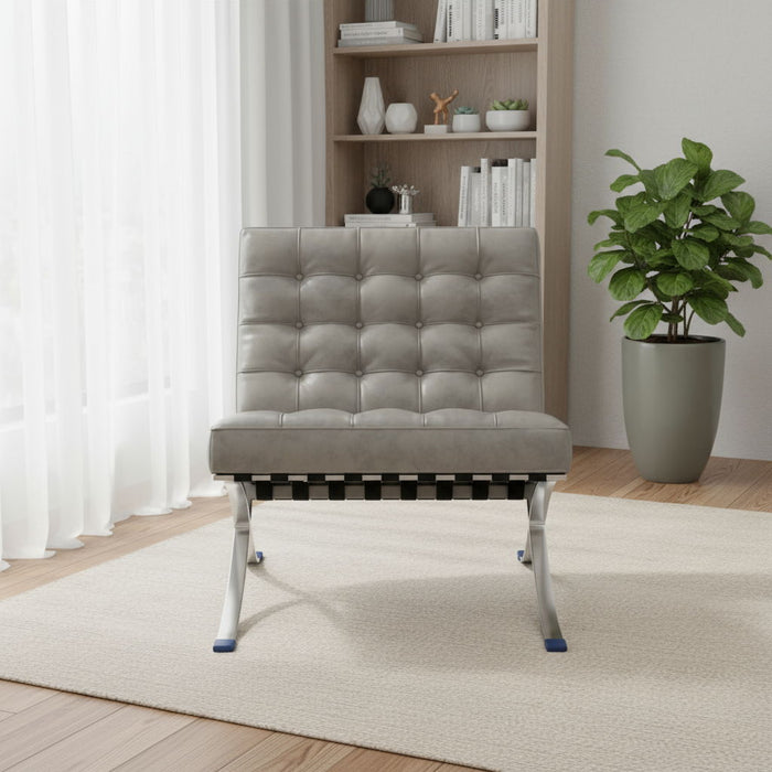 Tufted Faux Leather Stainless Steel Folding Lounge Chair - Gray / Silver
