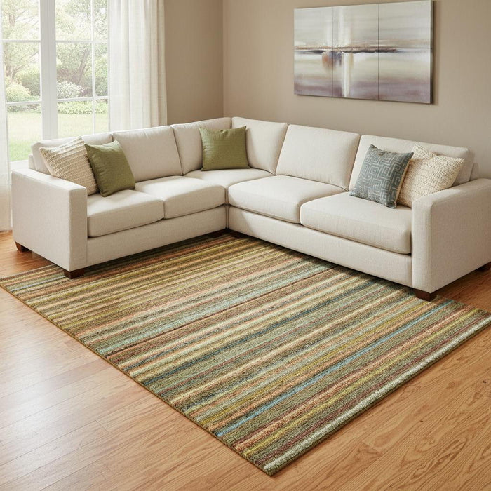 8' X 10' Striped Washable Area Rug With UV Protection (650786) - Coral / Green / Blue
