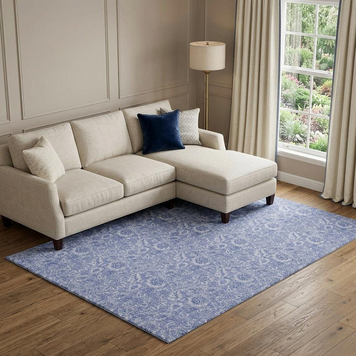 10' X 14' Floral Washable Area Rug With UV Protection (655138) - Denim Blue / Ivory