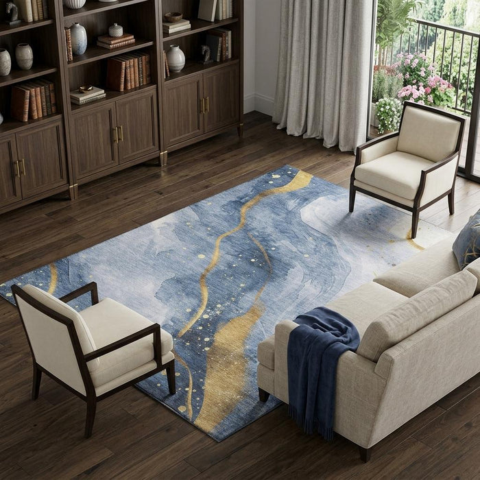 10' X 14' Abstract Washable Area Rug With UV Protection (694236) - Blue / Gold / Ivory