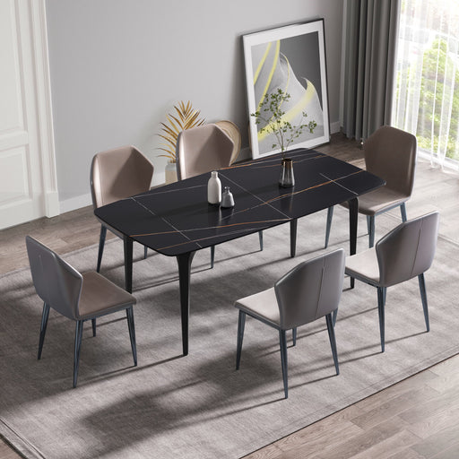 Giga modern artificial stone dining table with curved metal legs, 70.87 inches long, seating 6-8 people in a stylish dining room setting.
