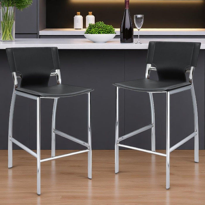 29" Metal And Faux Leather Low Back Bar Height Bar Chairs (Set of 2) - Gray