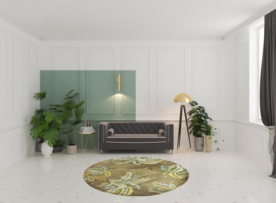 8' Hand Tufted Tropical Trees Round Indoor Area Rug - Moss Green