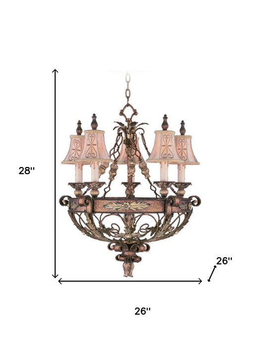 Five Light Metal Dimmable Chandelier With Shades - Bronze / Cream