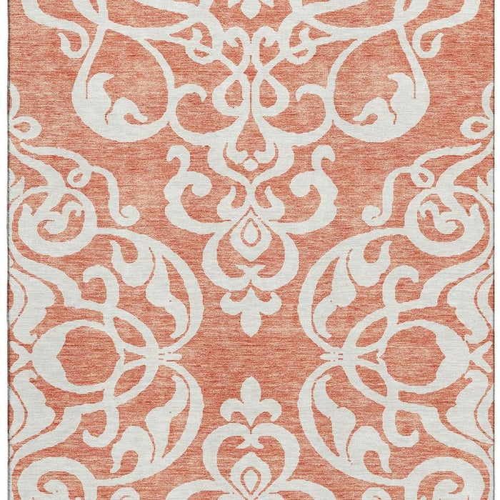 10' X 14' Damask Washable Area Rug With UV Protection (676914) - Coral / Ivory