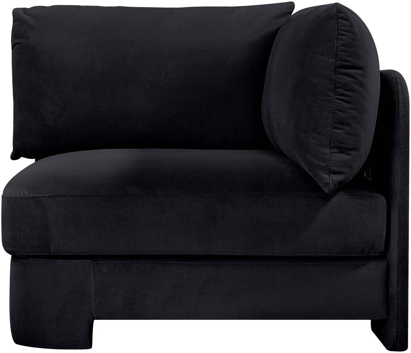 Velvet performance fabric upholstered corner chair by Meridian Furniture, stationary design with plush cushioning and modern style.