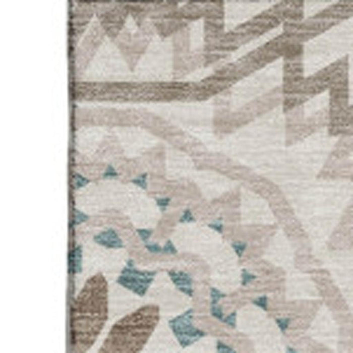 10' X 14' Geometric Washable Area Rug With UV Protection (652191) - Beige / Teal / Brown