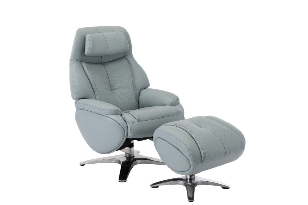 Baby blue genuine leather tufted swivel recliner with matching ottoman by HomeRoots, featuring plush padding and modern design.