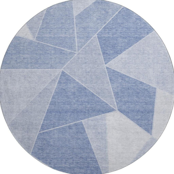 8' Geometric Washable Round Rug With UV Protection (653329) - Sky Blue / Ivory