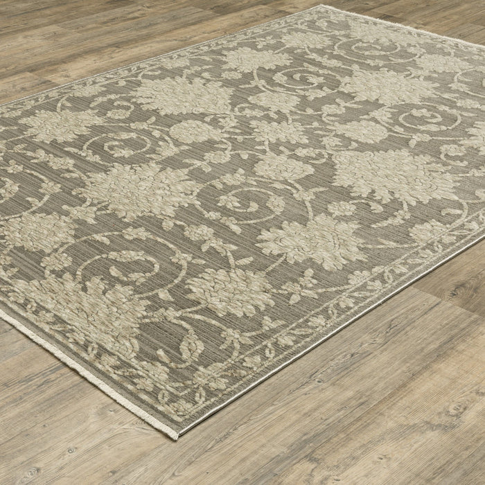 10' X 13' Floral Area Rug With Fringe - Gray And Beige