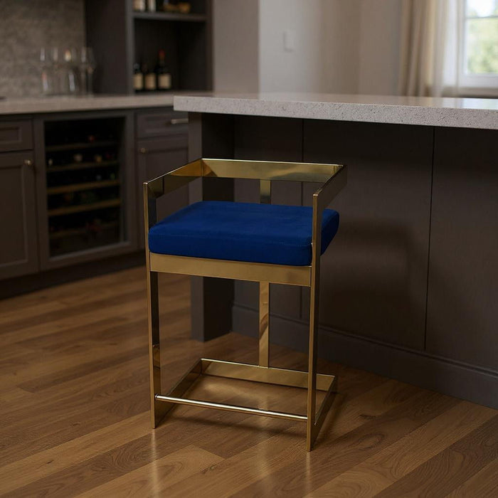 30" Metal And Velvet Low Back Bar Height Bar Chair - Blue / Gold