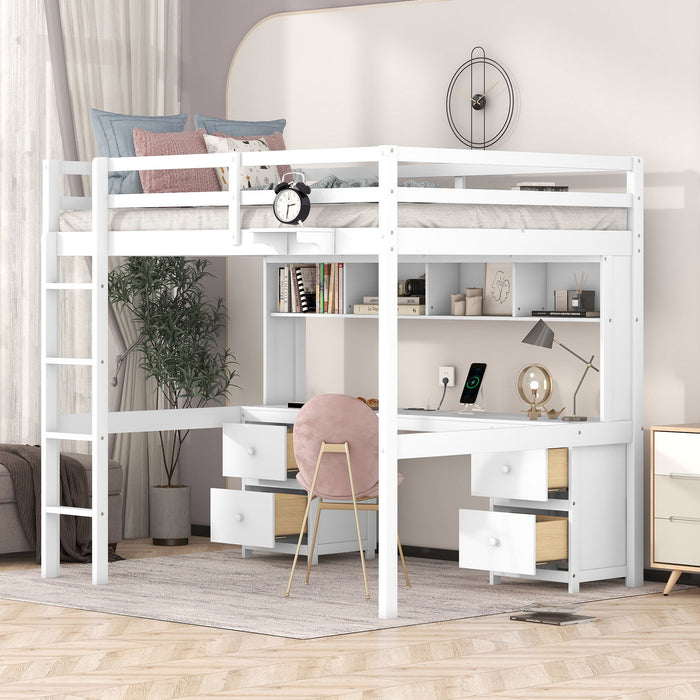 Giga loft bed with desk, cabinets, drawers, charging station, and bedside tray offering organized space and modern design.