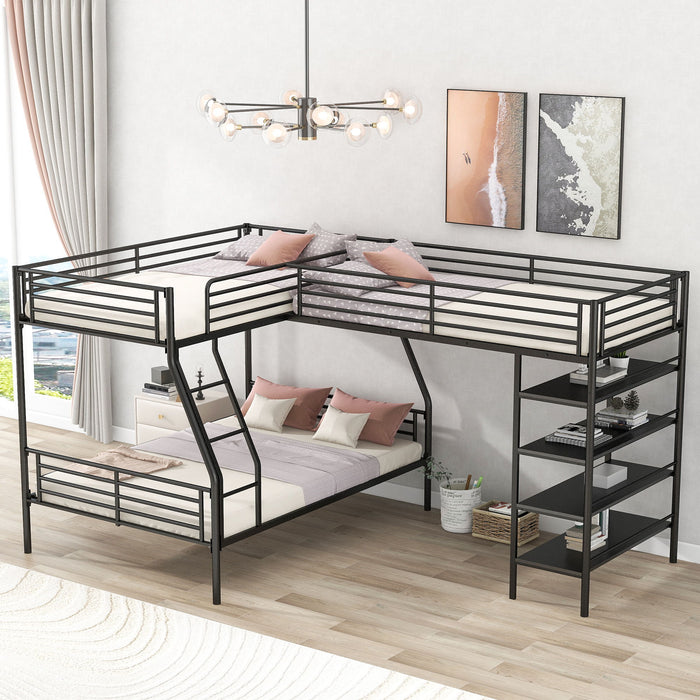 Black Giga L-shaped twin over full bunk bed with twin loft, featuring four built-in shelves, ideal for space-saving bedroom decor.