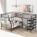 Black Giga L-shaped twin over full bunk bed with twin loft, featuring four built-in shelves, ideal for space-saving bedroom decor.