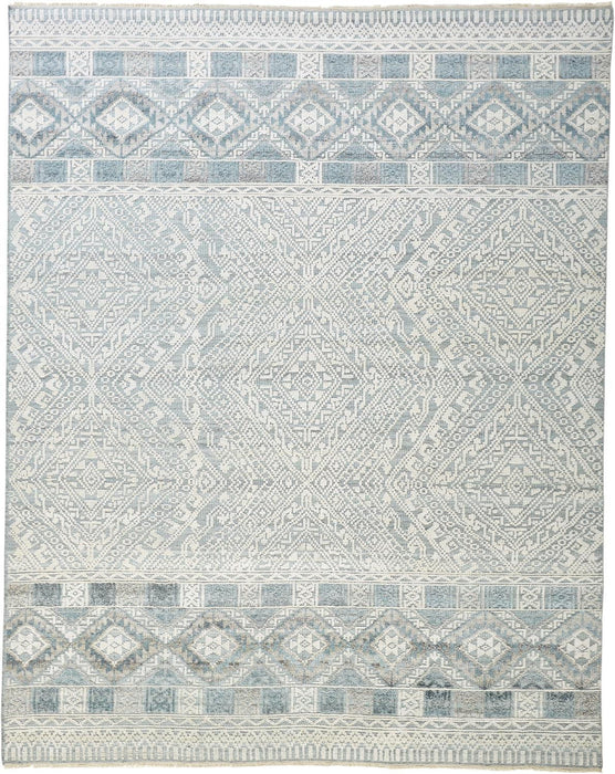 8' x 10' Geometric Hand Knotted Area Rug - Ivory Blue And Gray