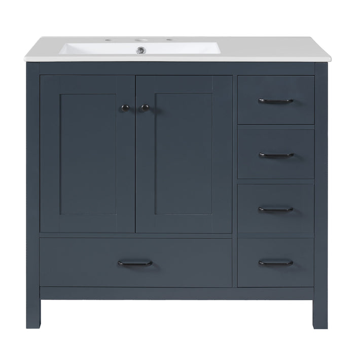 Giga bathroom vanity with ceramic sink, storage cabinet, two soft-close doors, and five drawers in a modern design