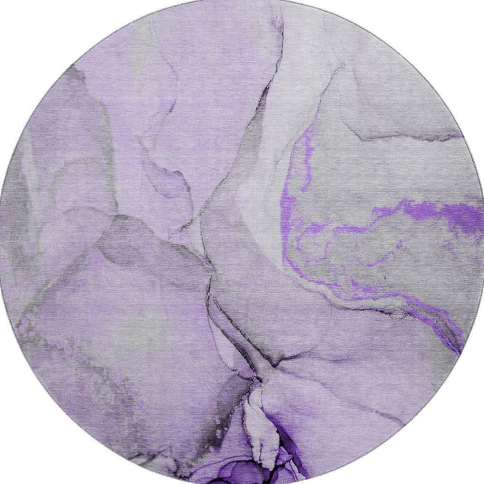 8' Abstract Washable Round Rug With UV Protection (646837) - Purple / Gray / Ivory