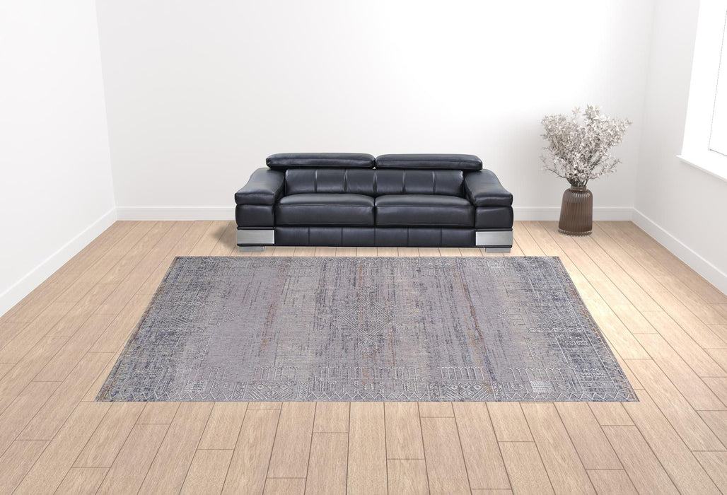 12' x 15' Geometric Power Loom Distressed Stain Resistant Area Rug - Gray Ivory And Orange