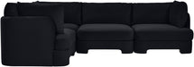 Meridian Furniture Velvet Performance Fabric 4-piece sectional sofa, stationary design, with plush upholstered cushions and modern style.