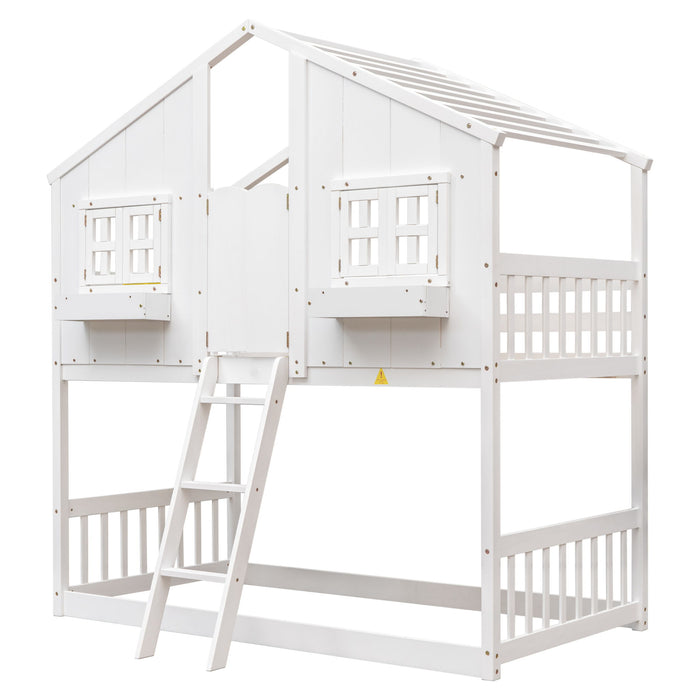 Giga house bunk bed with roof, window, window box, door, safety guardrails, and ladder for kids' bedroom.