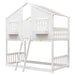 Giga house bunk bed with roof, window, window box, door, safety guardrails, and ladder for kids' bedroom.