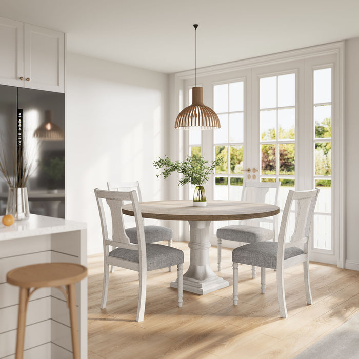Giga Tannen round 5-piece dining table set with white and gray finish, includes four chairs and a matching table for dining room.