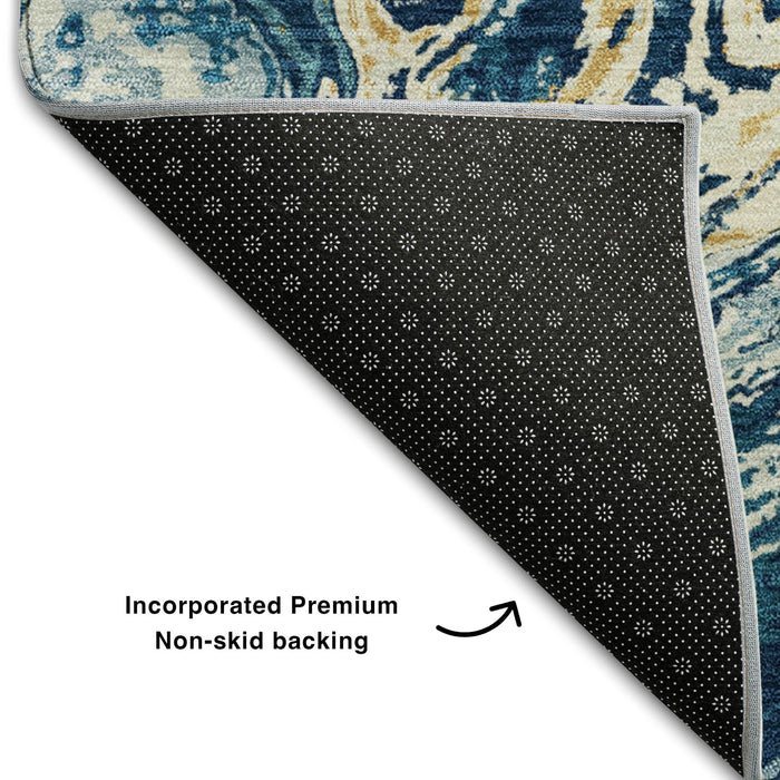 10' X 14' Abstract Washable Area Rug With UV Protection (683129) - Navy Blue / Gold / White