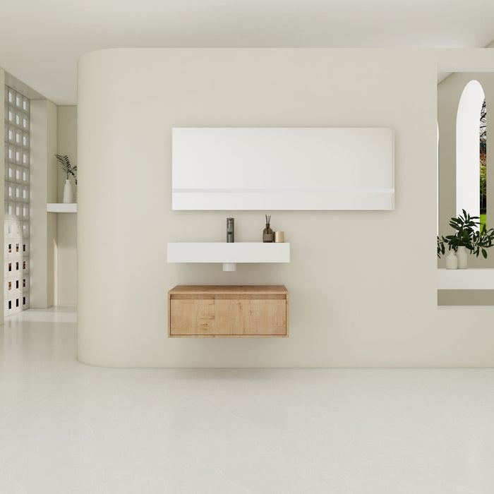 Giga wall-mounted bathroom vanity with resin sink and soft-close drawer in Imitative Oak finish, showing sleek modern design and storage.