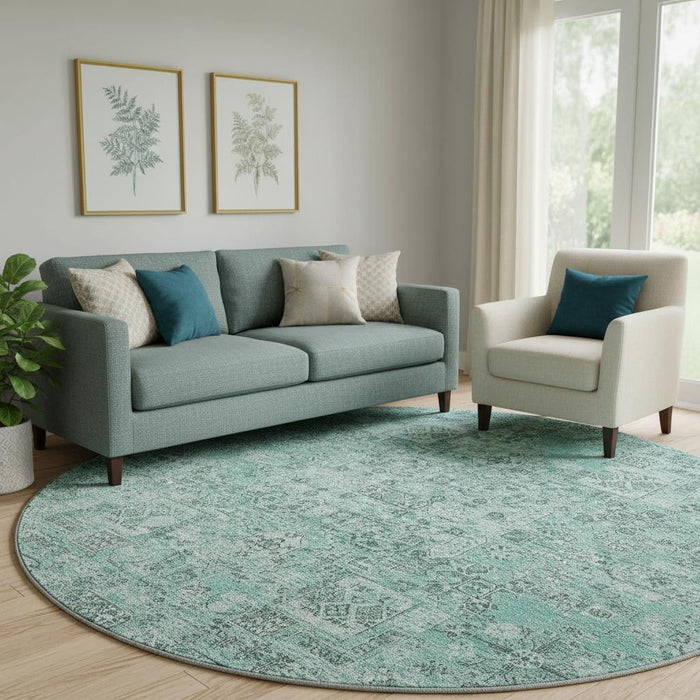 8' Floral Washable Round Rug With UV Protection (651217) - Teal / Ivory