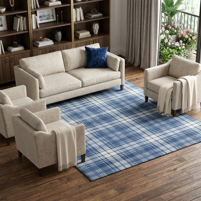 10' X 14' Plaid Washable Area Rug With UV Protection (678251) - Navy Blue / Ivory