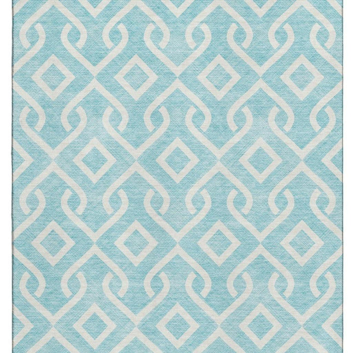 10' X 14' Geometric Washable Area Rug With UV Protection (652455) - Aqua / Ivory