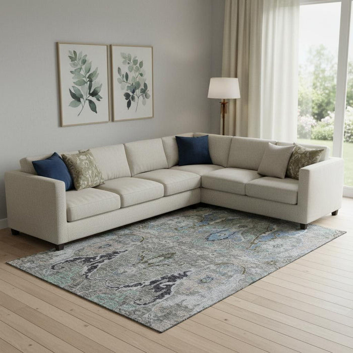 10' X 14' Floral Washable Area Rug With UV Protection (708505) - Pewter / Blue / Gray