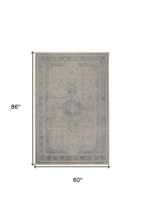 5' x 7' Oriental Power Loom Worn Faded Area Rug With Fringe - Gray Blue And Taupe