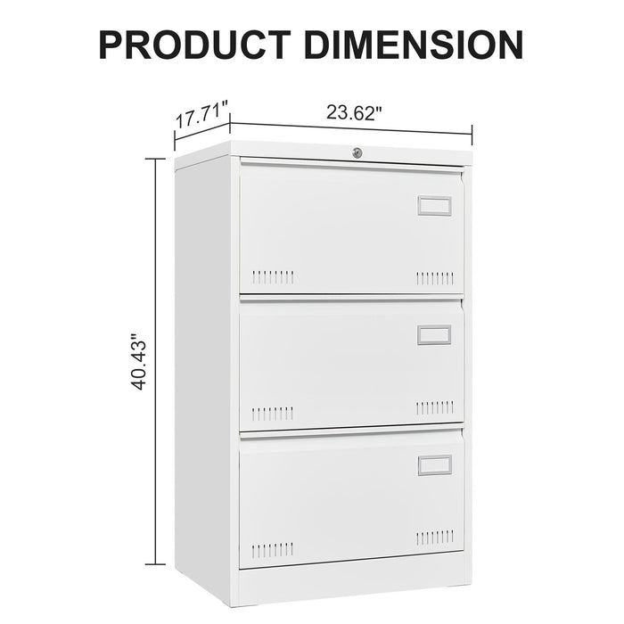 Giga 3-drawer metal lateral filing cabinet with lock, ideal for office or home storage, featuring sturdy construction and secure drawers.