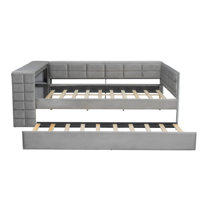 Giga upholstered platform trundle bed with built-in storage shelves, desk, charging station, and pull-out trundle for versatile sleeping space