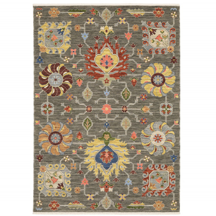 5' x 8' Oriental Power Loom Stain Resistant Area Rug With Fringe - Gray Charcoal Yellow Blue Rust Red Pink Green And Ivory
