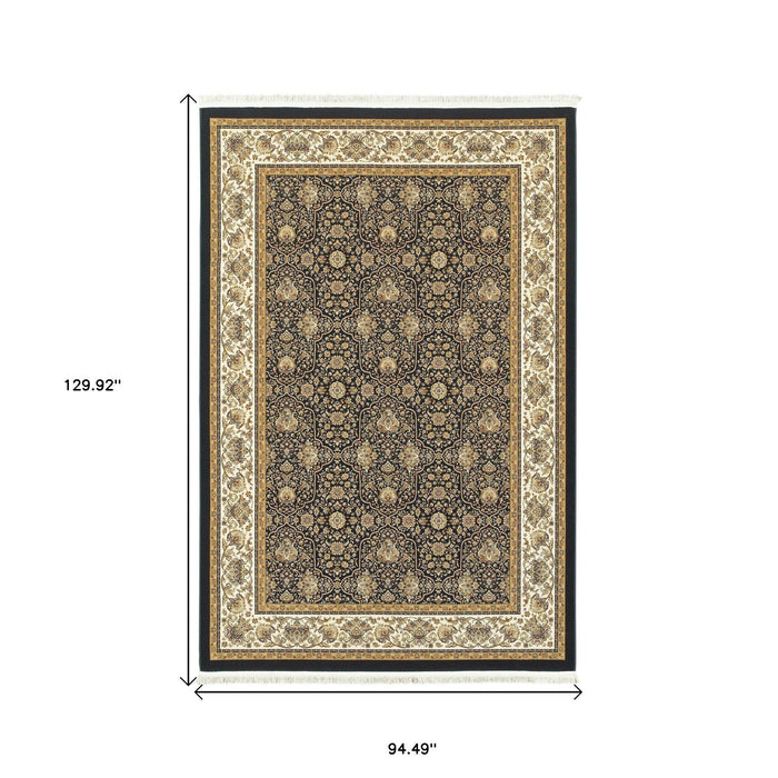 8' X 11' Oriental Area Rug With Fringe - Navy Blue / Ivory