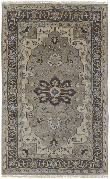 5' x 8' Wool Floral Hand Knotted Stain Resistant Area Rug - Gray Taupe And Blue
