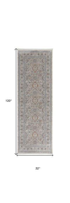 10' Oriental Power Loom Runner Rug With Fringe - Silver Taupe And Blue
